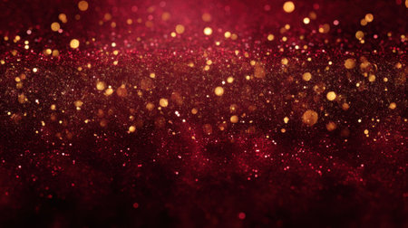 A stunning display of golden glitters against a deep red background creates a captivating festive mood, perfect for event themes, celebrations, and holiday decorations.の素材