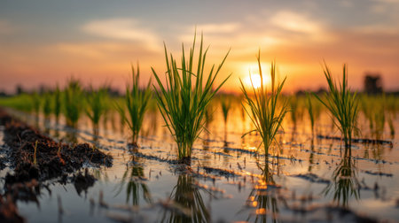 A picturesque view of young rice plants growing in water, reflecting the colorful sky during sunset, showcasing the beauty and serenity of agricultural landscapes.の素材