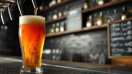 A vibrant glass of amber beer fills with frothy foam, set against a rustic bar backdrop. The warm atmosphere invites social gatherings and moments of joy.の素材