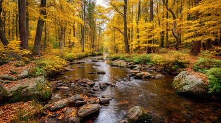 A picturesque autumn scene featuring a tranquil stream flowing through a vibrant forest filled with golden leaves and serene beauty, perfect for nature lovers.の素材