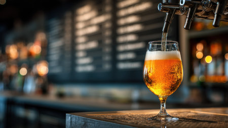 A freshly poured golden beer with a creamy foam head fills a glass, set against a blurred bar background with taps and bottles, evoking a relaxed atmosphere.の素材