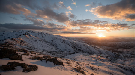 A breathtaking view of snow-covered mountains at sunset, showcasing the vibrant sky and tranquil landscape, perfect for nature lovers and travel enthusiasts seeking beauty.の素材