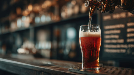 A freshly poured glass of amber beer with foam sits on a bar counter. The stylish tap fixtures and warm ambiance create an inviting atmosphere for gatherings.の素材