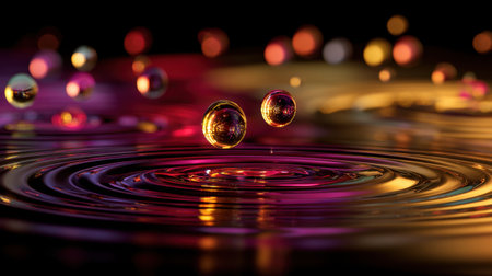 Vibrant droplets dance on a water surface, creating mesmerizing ripples and colorful reflections. This abstract and artistic image captures motion and light beautifully.の素材