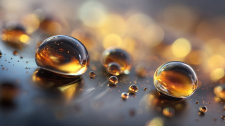 A captivating close-up photograph featuring water droplets resting on a glossy surface, enhanced by shimmering bokeh lights that create a warm and inviting atmosphere.の素材