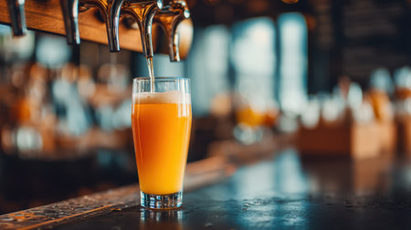 A refreshing glass of golden beer is expertly poured from a tap in a cozy bar setting. The blurred background highlights a warm atmosphere perfect for socializing.の素材