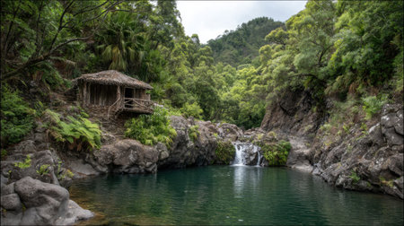 Discover a tranquil landscape featuring a rustic cabin by a serene pool. Lush greenery and a gentle waterfall create a peaceful retreat in nature's embrace.の素材