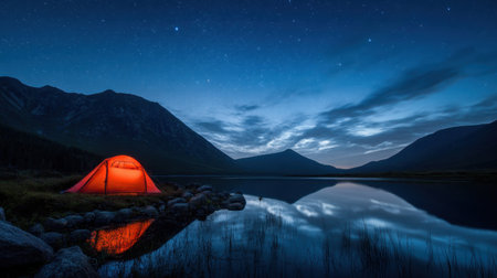 A cozy orange tent is set against a breathtaking night sky, reflecting in a serene lake. Majestic mountains create a perfect backdrop for outdoor adventure.の素材