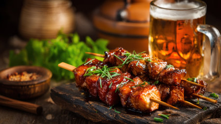 Savor the delicious experience with grilled meat skewers elegantly arranged on a wooden board, complemented by fresh herbs and a frosty beer in a cozy, rustic atmosphere.の素材