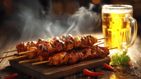 Indulge in succulent grilled chicken skewers infused with fresh herbs and spices, artfully arranged on a rustic wooden table, paired with chilled beer.の素材
