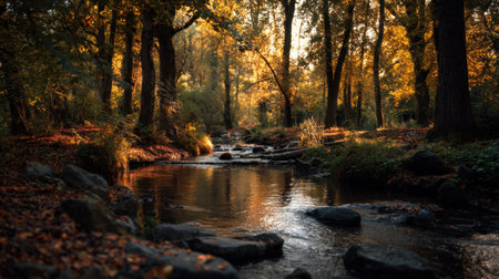Experience the serene beauty of an autumn landscape featuring a flowing stream bordered by golden leaves and tall trees, creating a tranquil atmosphere during sunset.の素材