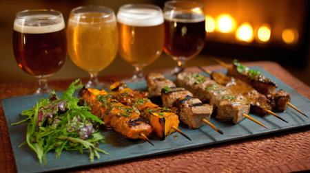Enjoy a delicious array of grilled skewers featuring different marinades, complemented by refreshing craft beers and fresh greens, perfect for a cozy evening.の素材