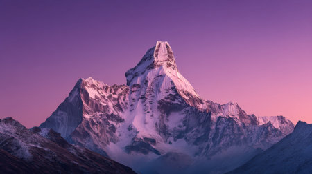 Experience the breathtaking beauty of a stunning mountain peak at dawn, bathed in a serene purple sky that captures the essence of nature and adventure.の素材