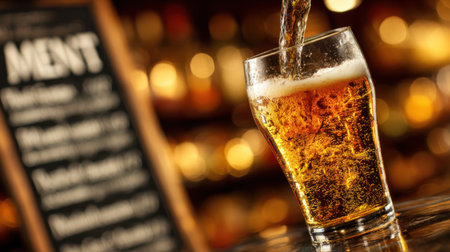 A refreshing amber beer is poured into a glass, capturing the cozy atmosphere of a bar with soft lighting and a dark menu board, perfect for social gatherings.の素材