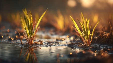 Vibrant green rice seedlings rise from the soft soil, glistening in the gentle morning light. The tranquil water reflects the beauty of spring, showcasing natureの素材