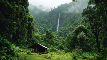 A tranquil setting features a rustic cabin nestled among vibrant greenery and a stunning waterfall cascading down a mountain, evoking peace and serenity.の素材
