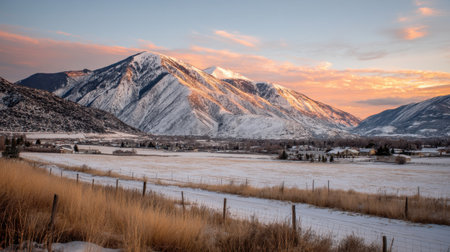 Breathtaking winter scene captures the essence of nature with snow-covered mountains glowing in sunset, peaceful fields, and rustic fences creating tranquility.の素材