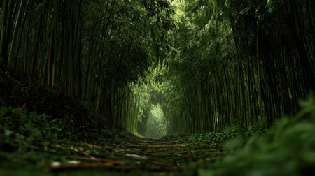 A captivating view of a bamboo forest path, showcasing tall bamboo stalks and vibrant greenery, with soft natural light creating a serene and tranquil atmosphere.の素材