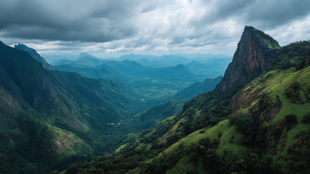 An expansive view of a majestic mountain range with lush greenery and varied terrain under dramatic cloudy skies. This scenic landscape captures the essence of nature's beauty.の素材