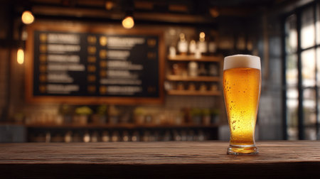 A beautifully crafted glass of cold beer sits on a rustic wooden bar counter. The warm lighting and dark menu board set a cozy and inviting atmosphere for social gatherings.の素材