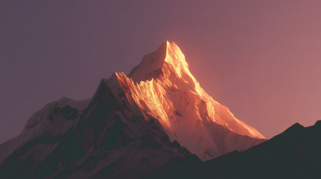 A breathtaking mountain peak glows under the golden light of the sunset, creating a striking contrast with the serene purple sky, capturing the beauty of nature.の素材