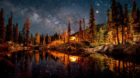 A stunning night scene featuring a tranquil lake surrounded by an autumn forest. A glowing camp tent is reflected in calm waters, showcasing a beautiful starry sky.の素材