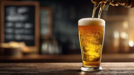 A beautifully captured moment of a glass of amber beer being poured in a rustic bar setting. Enjoy the cozy ambiance perfect for social gatherings and relaxation.の素材