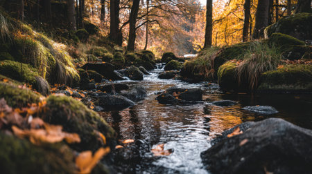 A tranquil stream flows gently through a vibrant autumn forest. Golden leaves and moss-covered rocks create a peaceful atmosphere, highlighting nature's beauty.の素材