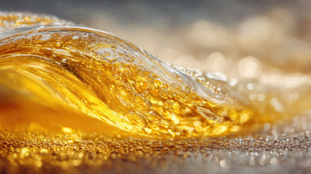 A mesmerizing close-up image of a golden liquid wave, featuring bubbles and sparkling light effects that create an abstract background perfect for creative projects.の素材