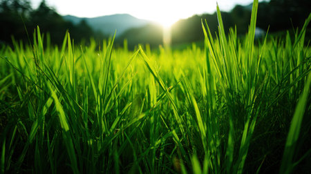 A vibrant field of lush green grass illuminated by soft morning light at sunrise, creating a serene atmosphere with mountains in the background, perfect for nature lovers.の素材