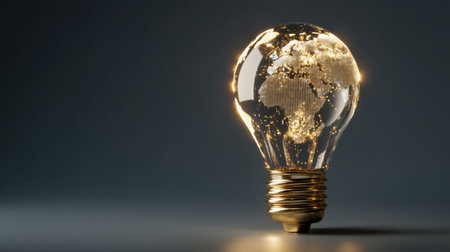 Artistic representation of a light bulb containing a glowing globe, symbolizing ideas and innovation. A modern image suitable for themes of technology and sustainability.の素材