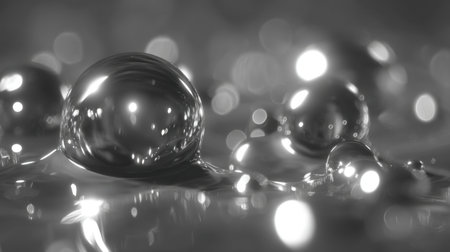 This captivating monochrome image showcases shimmering water droplets on a smooth surface, creating a serene atmosphere with elegant reflections and textures.の素材