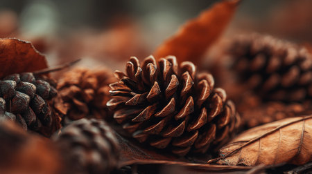 This captivating close-up captures the intricate details of pine cones nestled among autumn leaves, highlighting warm earth tones in a serene natural environment.の素材