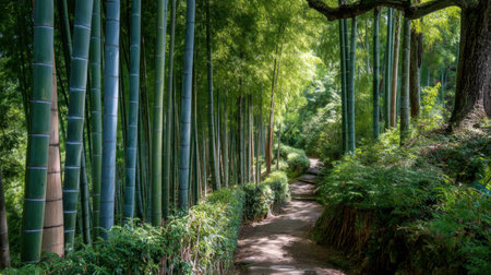 Discover a captivating walkway nestled amidst tall bamboo trees, inviting exploration and offering a serene escape into nature's beauty and tranquility.の素材