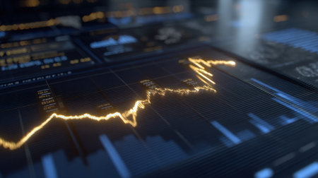 A captivating digital graph showcasing fluctuating financial trends with glowing lines against a futuristic interface, ideal for business and finance themes.の素材