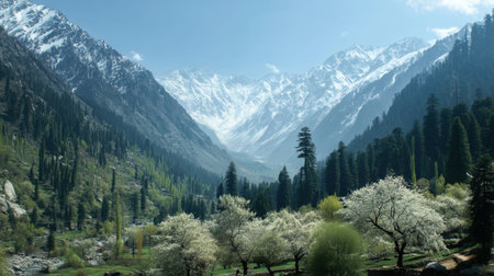 A breathtaking landscape showcasing snow-capped mountains, vibrant cherry blossoms, and lush greenery, creating a serene environment perfect for outdoor exploration.の素材