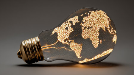 A striking image showcasing a light bulb featuring a glowing world map, symbolizing global connectivity and innovation against a dark backdrop.の素材