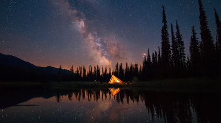 A mesmerizing camping scene featuring a glowing tent by a peaceful lake. Above, the Milky Way stretches across the dark sky, reflecting on calm waters.の素材