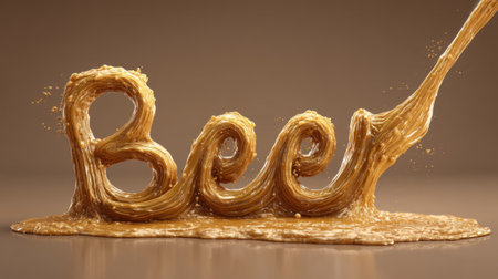 This captivating image features the word "Bee" creatively shaped from a honey-like substance, emphasizing its texture and fluidity in an elegant display.の素材