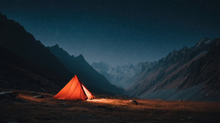 A vibrant orange tent glows warmly against a dark background of towering mountains and a star-filled sky, capturing the peaceful essence of outdoor adventure.の素材