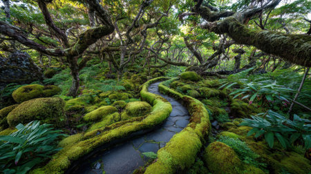 A captivating forest scene featuring a winding pathway through lush moss and twisted trees, inviting exploration and offering a peaceful retreat into nature's beauty.の素材