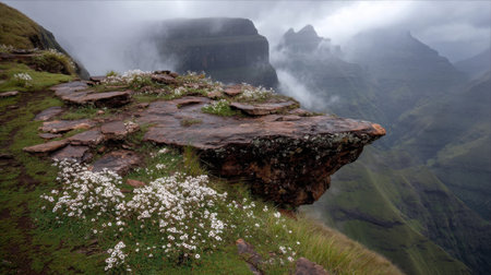 Stunning view of a rocky cliff adorned with wildflowers, set against a backdrop of misty mountains and dynamic clouds, capturing the essence of nature's beauty.の素材