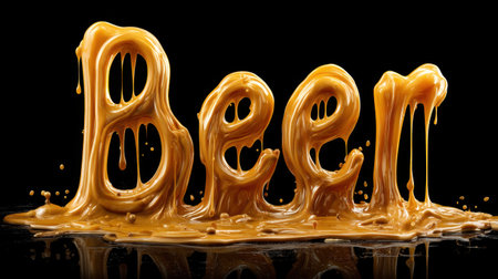 This captivating image features the word "Beer" sculpted in a flowing caramel texture, exuding a glossy finish against a stark black backdrop, evoking enjoyment.の素材