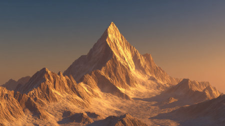 A stunning view of a majestic mountain peak illuminated by warm sunset light, surrounded by rugged terrain, inviting exploration and adventure in nature's beauty.の素材