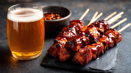 Enjoy a tempting combination of golden ale and perfectly glazed barbecue skewers, ideal for summer gatherings, outdoor cooking, and delightful culinary moments.の素材