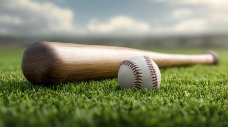 A detailed close-up of a wooden baseball bat resting next to a white baseball on a lush green grass field. The soft focus background highlights the serene outdoor environment.の素材