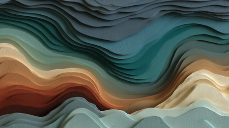 Discover a mesmerizing abstract representation of layered paper textures, featuring elegant waves and curves in a harmonious blend of colors for artistic design.の素材