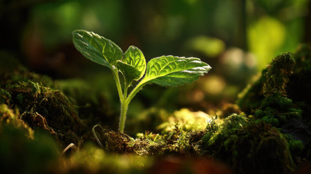 A vibrant green seedling rises from a soft moss-covered forest floor, bathed in gentle sunlight. This image beautifully captures the essence of growth in a serene natural environment.の素材