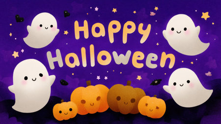 This charming Halloween illustration features friendly ghosts and playful pumpkins on a vibrant purple background, perfect for capturing the festive spirit of the season.の素材