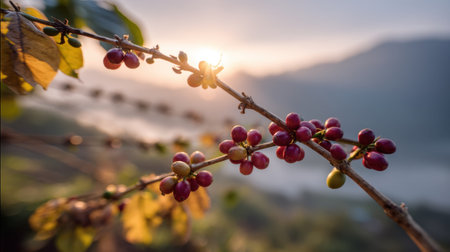 A stunning close-up of a coffee plant showcasing bright red cherries illuminated by the soft morning sunlight, highlighting the beauty of agricultural landscapes.の素材